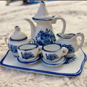 Andrea By Sadek Blue and White Doll Tea Set
